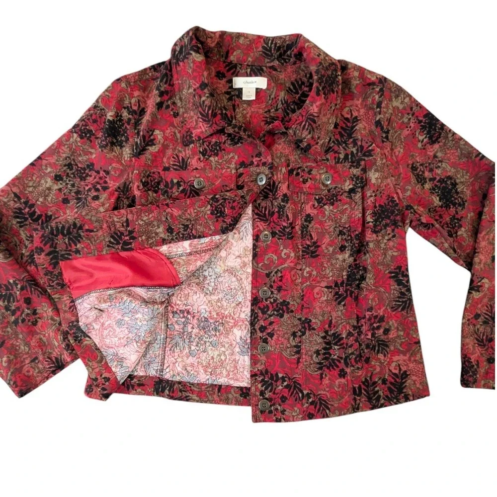 CJ Banks Womens 1X Red Black Floral Paisley Button Up Jacket Stretch Cottagecore